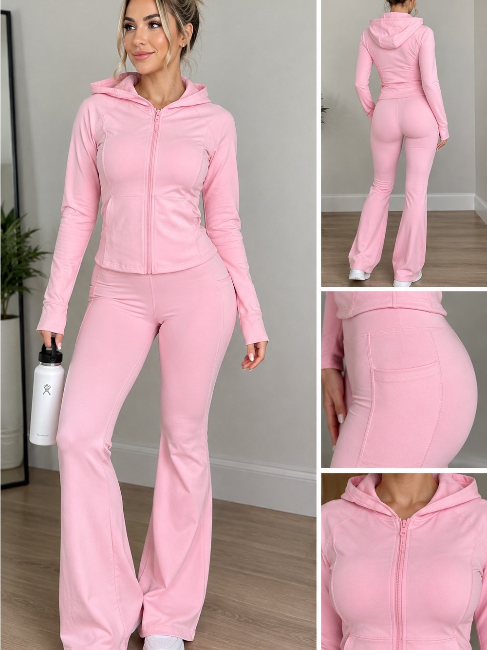 Light Pink Hooded Zip Jacket & Flare Joggers Set